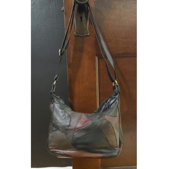 Multi Color Black Faux Leather Patchwork Retro Shoulder Bag Purse - Picture 2 of 7